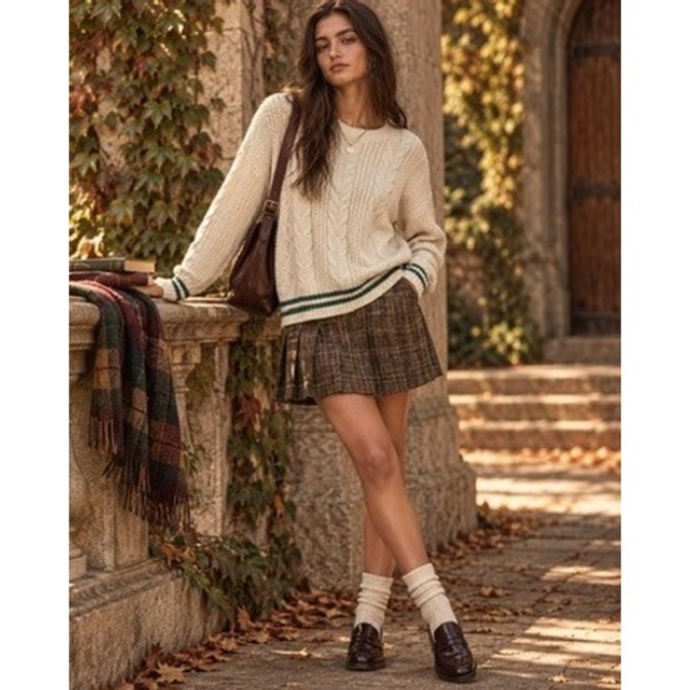 American Eagle Women Small Cream Cable Knit Varsity Stripe Crew Neck Sweater
